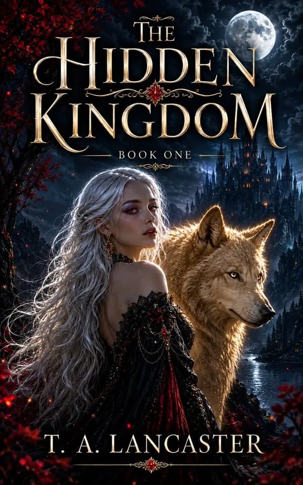 The Hidden Kingdom, Book One, by T. A. Lancaster. Gold lettering above a silver-haired woman in a black and red dress beside a golden wolf, with a full moon and a castle in the background.
