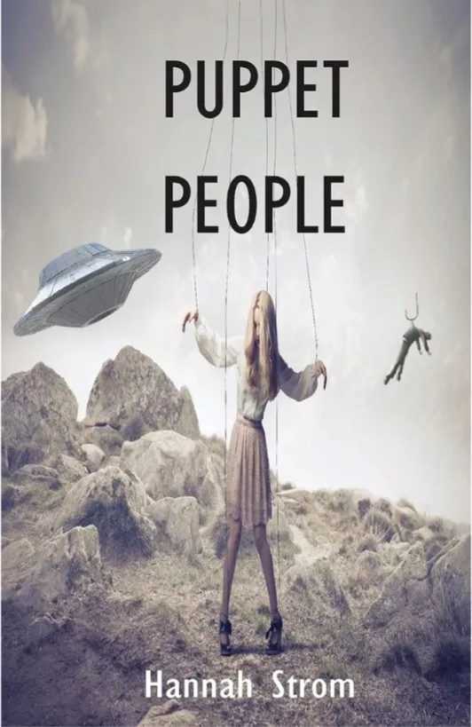 A beige planet with tufts of grass. A blond teenage girl in a pink skirt stands in the middle, her limbs attached to puppet strings. There is a UFO to her right and a hook with a man on it to her left.