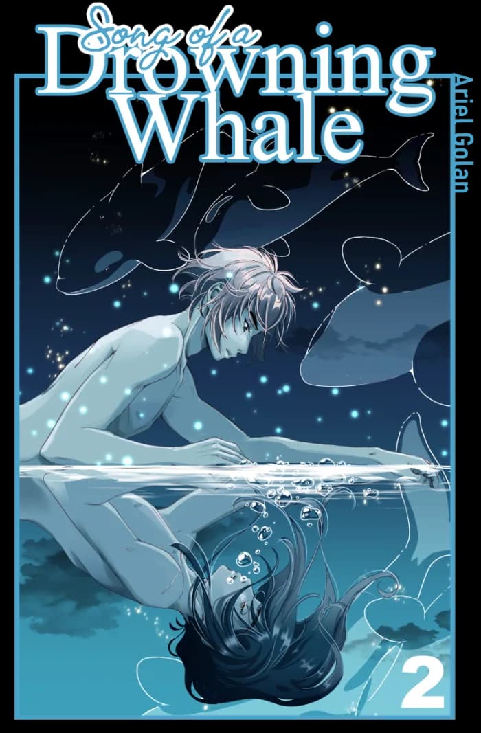 Two topless young men against a night sky, one on land looking at the other who is underwater and mirrors his pose as though a reflection of the other. Orcas drift across the sky and the water.