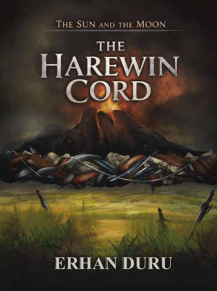 A smoke covered volcano rising over green plains with the titular Harewin Cord in front of it.