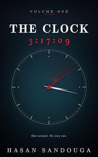 A dark, minimalist clock against a midnight-blue background, featuring glowing red numbers and sharp white hands. A haunting design that captures the suspense of time running out.