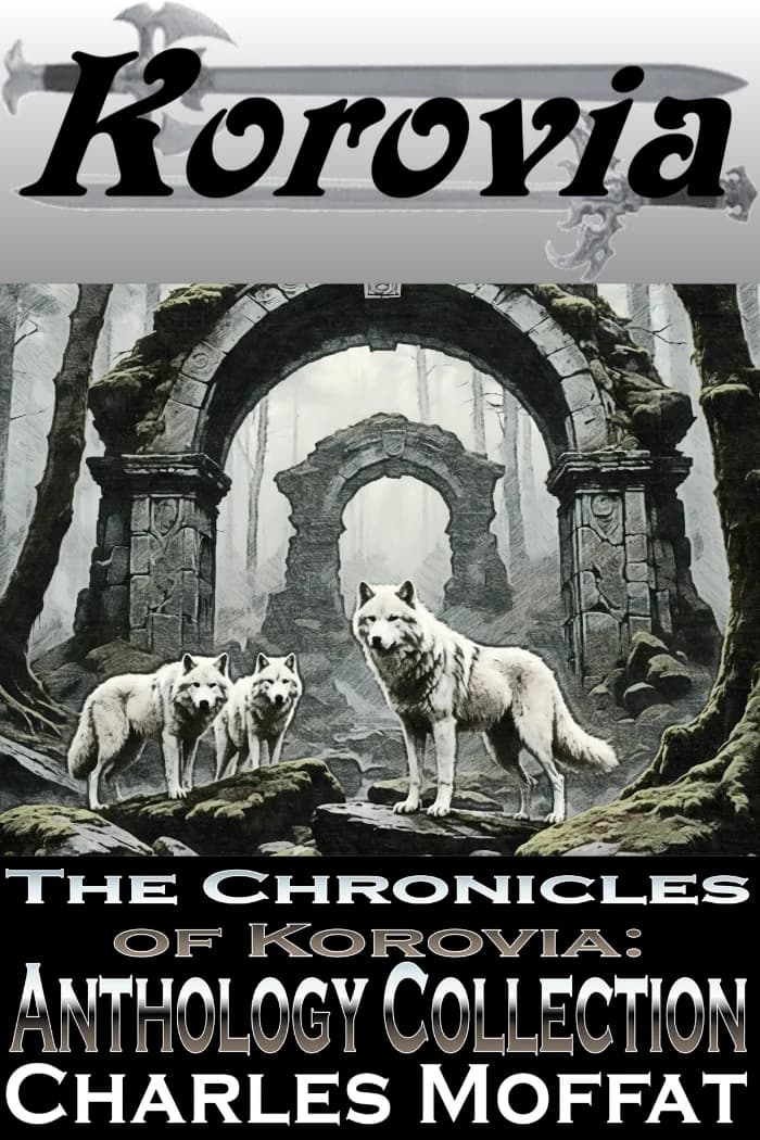 Three strange white wolves guard portals in an old growth forest.