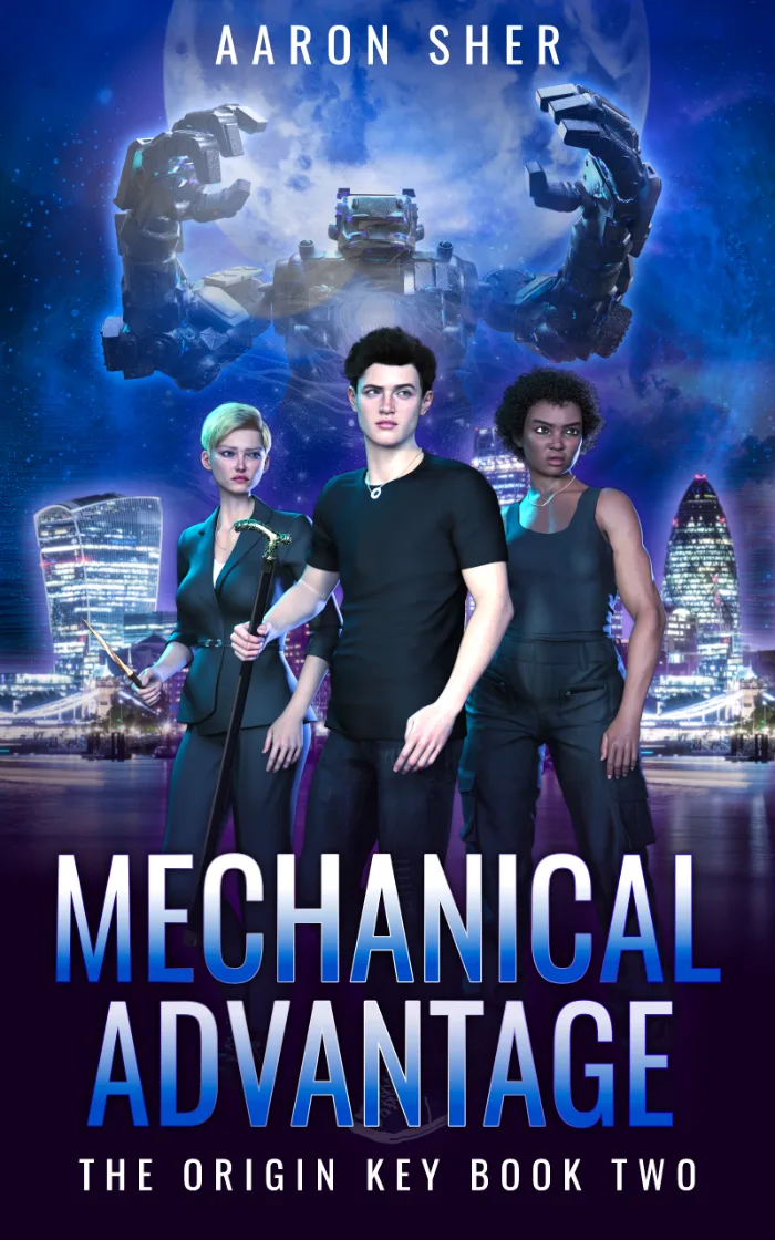 Three people in dark clothing standing in front of the London skyline with a large robot-like shape looming behind them.