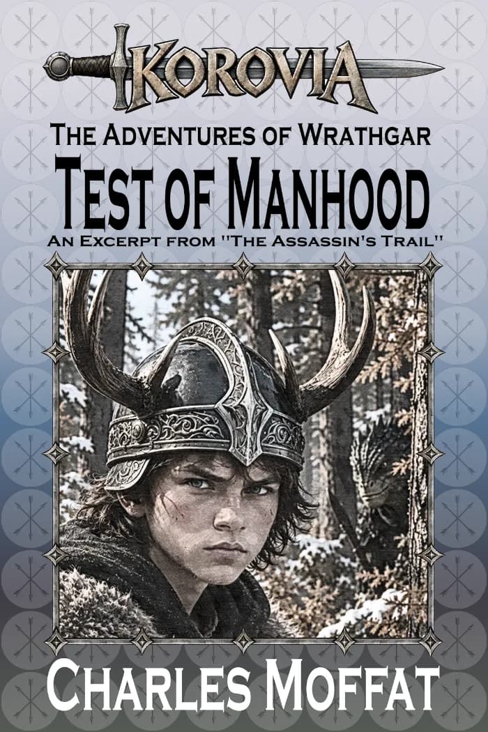 Portrait of young Wrathgar in a snowy wilderness, with a lizardfolk camouflaged in the background.