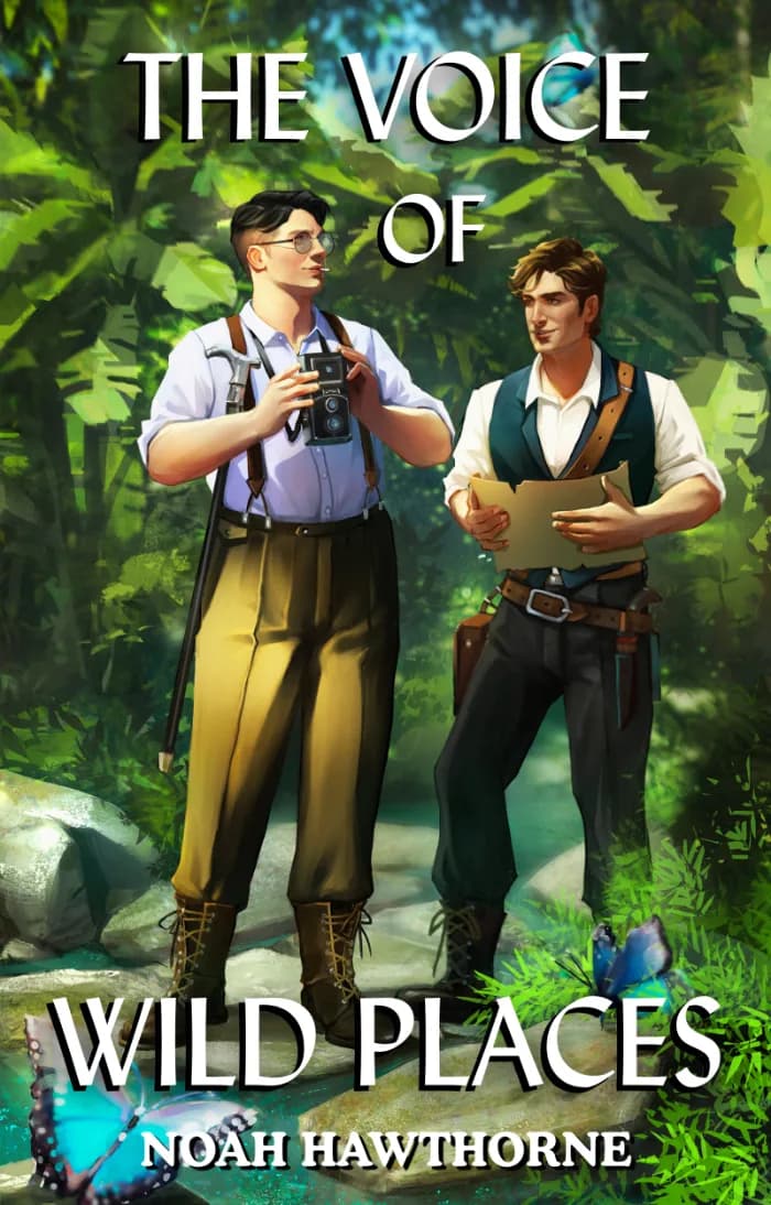 Two men stand on mossy rocks, surrounded by ferns and other tropical foilage. Blue butterflies are perched on the rocks at their feet.
The man on the left has a cane tucked under his arm, and he stares at the world around him in wonder. The man on the right stares longingly at his companion.