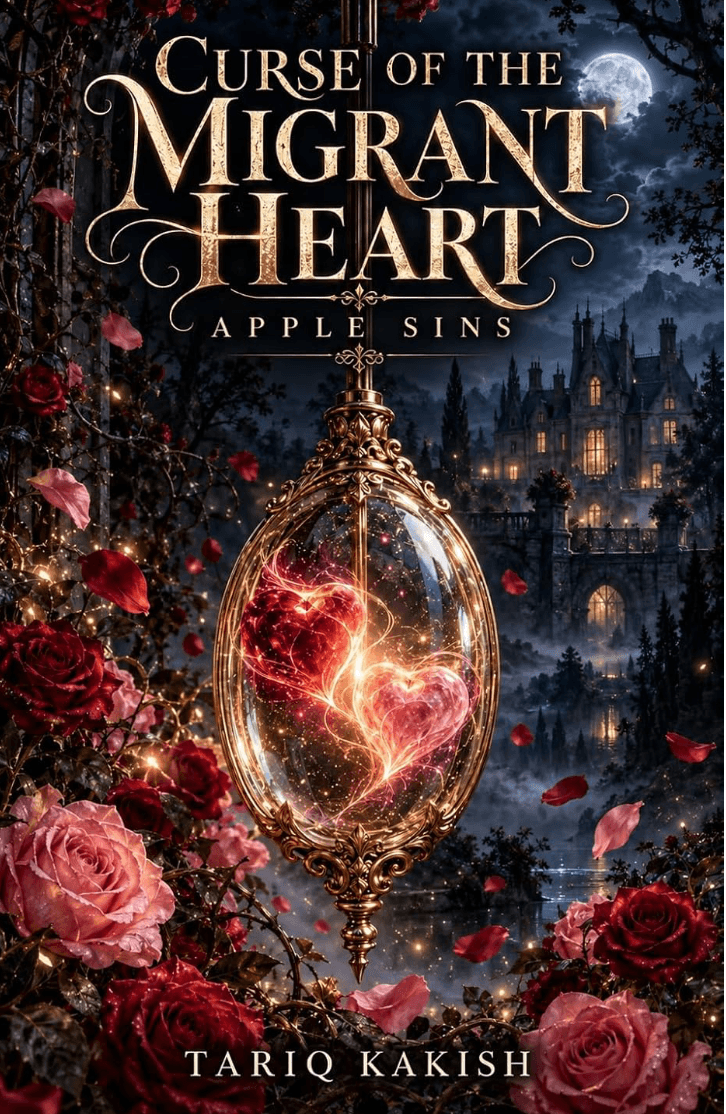 Cover of Curse of the Migrant Heart by Tariq Kakish, featuring a glowing, fiery heart surrounded by red roses, with a shadowy manor in the background.