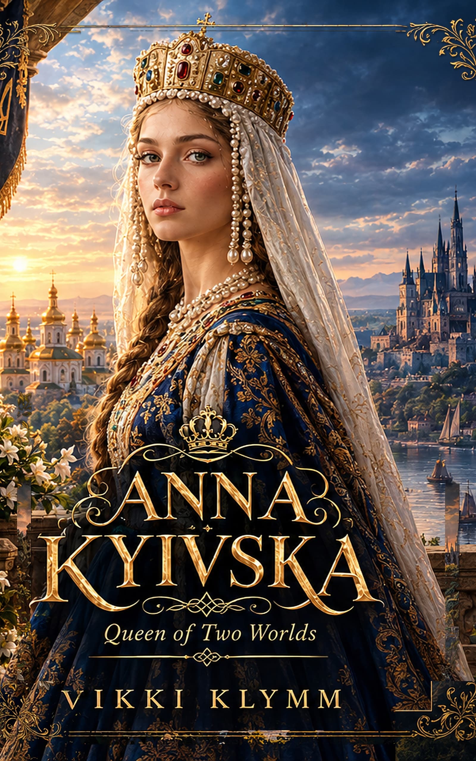 A fair-haired medieval queen in a jeweled gold crown, white veil and embroidered blue and gold robe, with a city of golden domes glowing at sunset behind her.