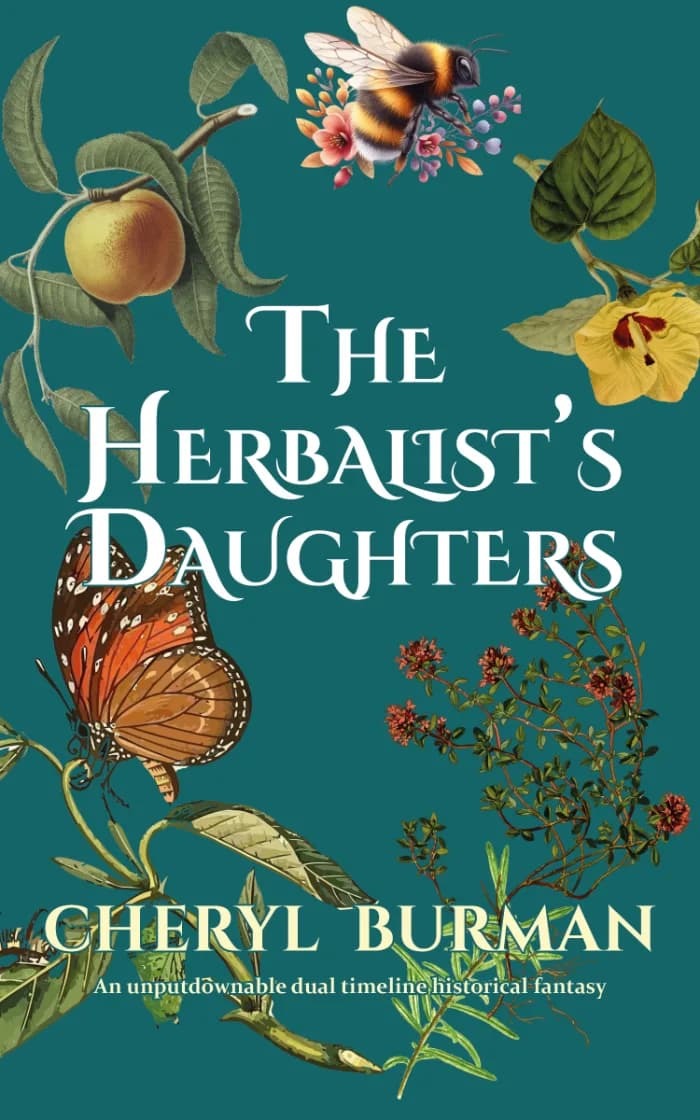 A teal background with white title, The Herbalist's Daughters, surrounded by images of wildflowers, fruit, butterflies and bees to reference the herbalist theme.