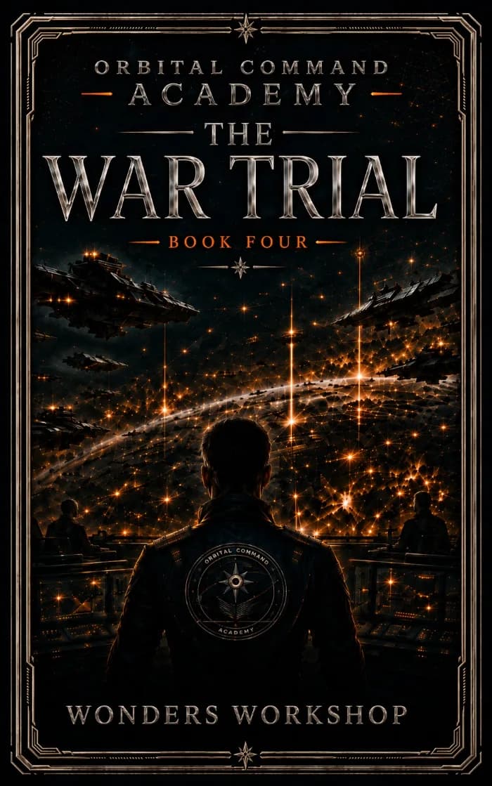 A cinematic military science fiction cover featuring futuristic warships and an orbital battlefield against the darkness of space. Dramatic blue and black tones evoke fleet warfare, military command, imperial conquest, political conflict, and the transition from academy training to real combat.