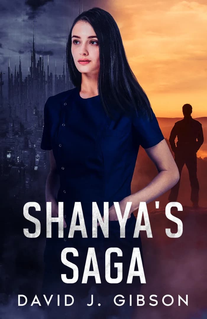 A young woman looks pensive against a futuristic cityscape while a mysterious stranger lurks behind in the shadows.