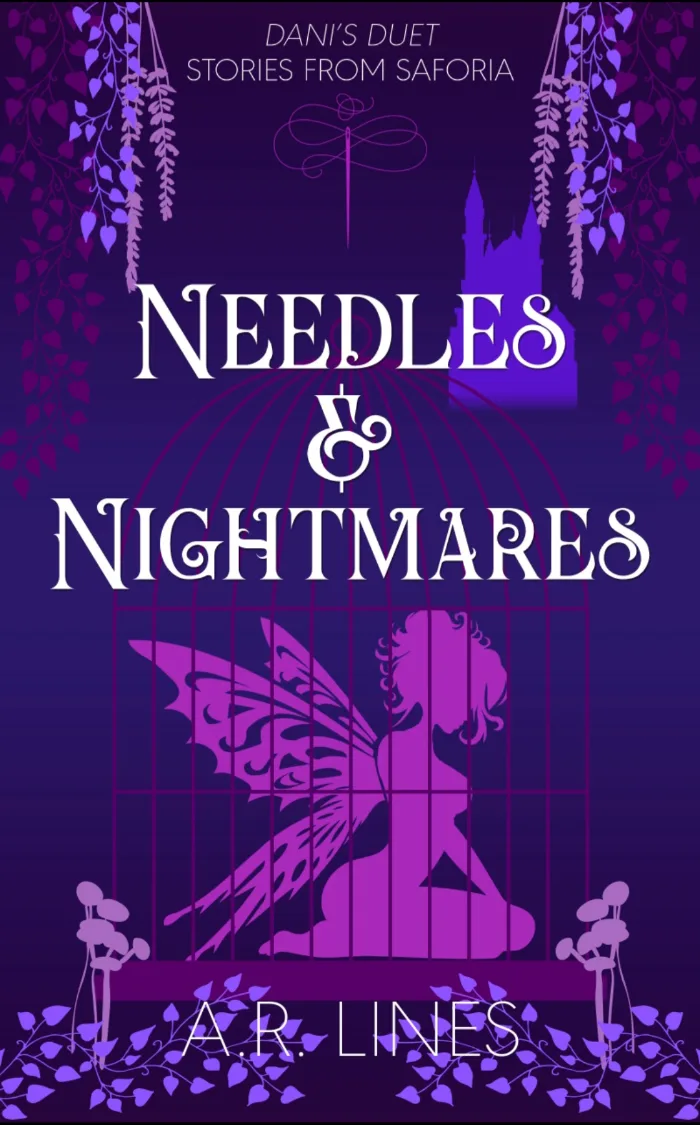 Dark purple background with light purple plants. Pink silhouette of a pixie in a cage with white letting spelling out the title 'Needles & Nightmares'.