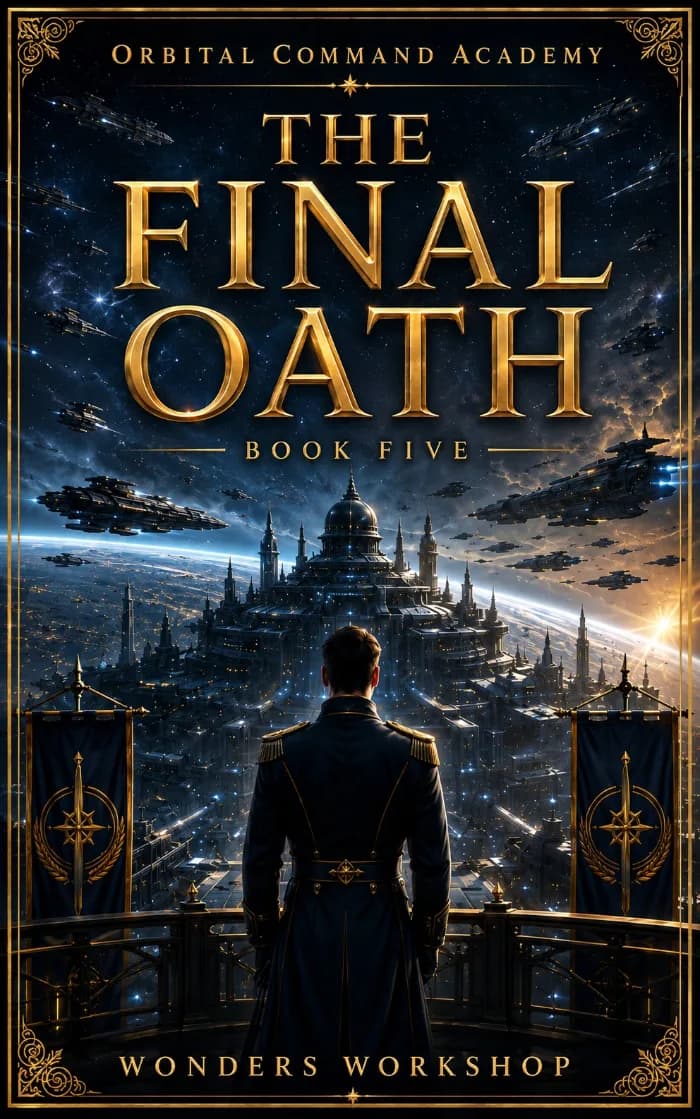 A cinematic military science fiction cover featuring futuristic fleets and warships gathered for a decisive final campaign in orbit, surrounded by the darkness of space. Dramatic blue and black tones evoke fleet warfare, imperial conquest, military strategy, political power