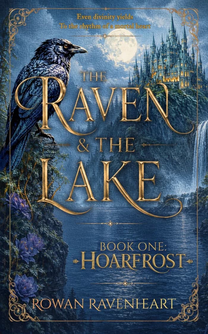 A raven with a castle and a lake.