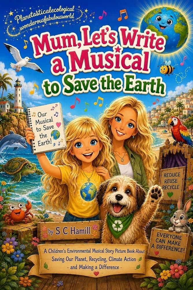 A beautiful picture of Poppy, her Mom and Biscuit the dog from the eco musical book