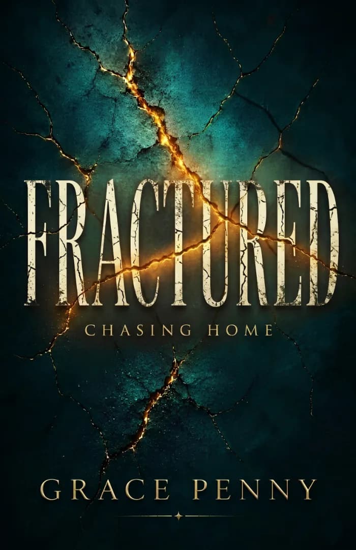 A striking dark teal cover features a fractured, weathered surface threaded with luminous gold cracks. Bold ivory typography announces FRACTURED, while CHASING HOME appears beneath it. The contrast between damage and beauty evokes broken lives, enduring love, memory, longing, and hope.