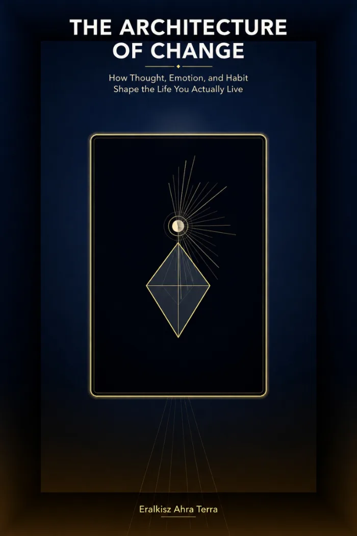 Dark navy and black book cover with elegant gold geometric elements and a glowing abstract sphere. The title “The Architecture of Change” appears prominently in gold, with the subtitle “How Thought, Emotion, and Habit Shape the Life You Actually Live” and the author name Eralkisz Ahra Terra.