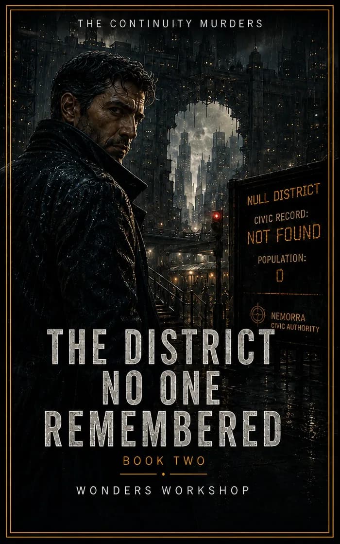 A dark cinematic science fiction noir cover featuring an erased futuristic district beneath a sprawling city, with abandoned streets, amber-lit buildings, sealed civic structures, and mysterious shadows. The atmosphere evokes detective noir, murder mystery, stolen identity, erased history,