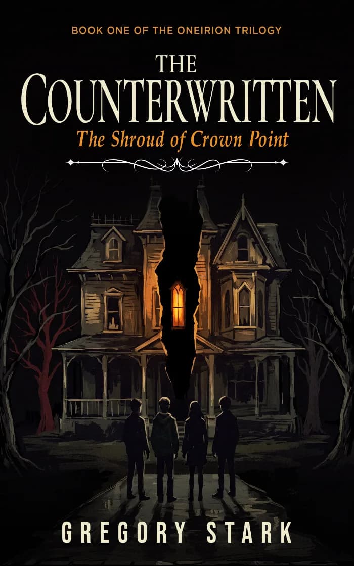 Four young figures stand before a shadowy Victorian house split by a dark fissure and a glowing amber window. The black-and-gold cover reads The Counterwritten: The Shroud of Crown Point by Gregory Stark, Book One of the Oneirion Trilogy.