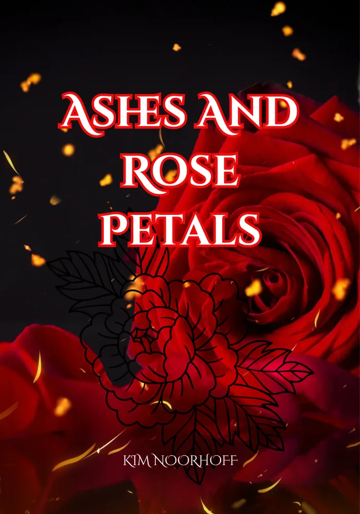 Ashes and Rose Petals by Kim Noorhoff features a large red rose against a dark background, glowing golden embers, and a black floral illustration. The title appears in bold white lettering outlined in red.