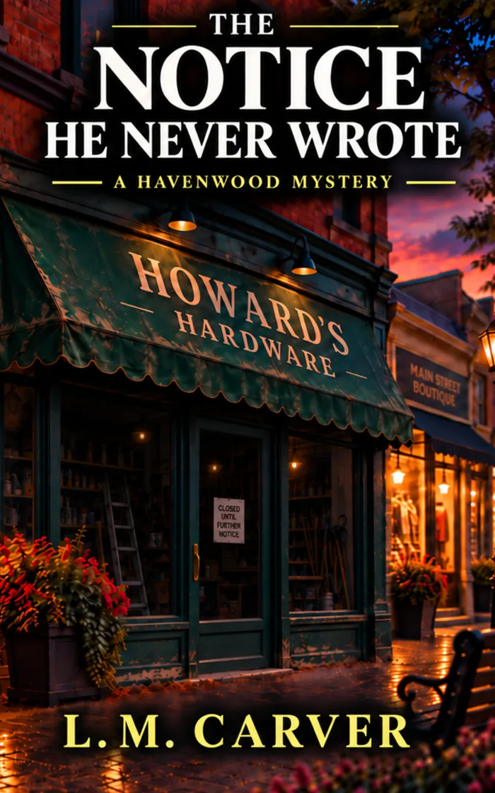 Book cover for The Notice He Never Wrote by L. M. Carver, featuring a warmly lit neighborhood storefront at night beneath an awning, with the book title above the storefront and the author's name below.