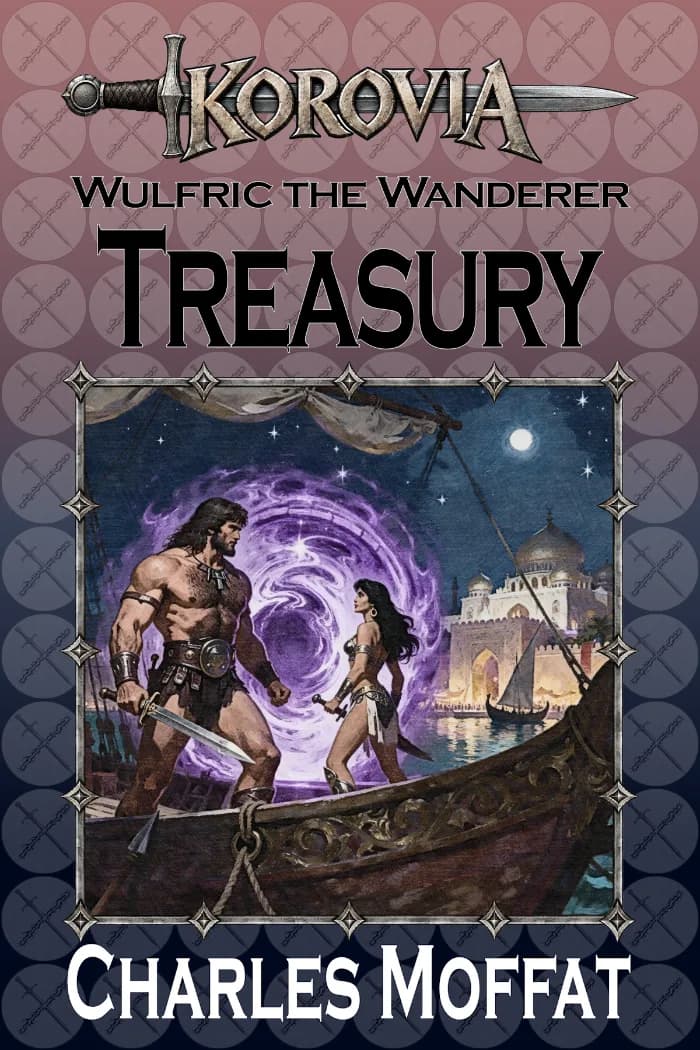 Wulfric and Tahira on a pirate ship in a harbour, with a swirling time portal near the port side of the ship.