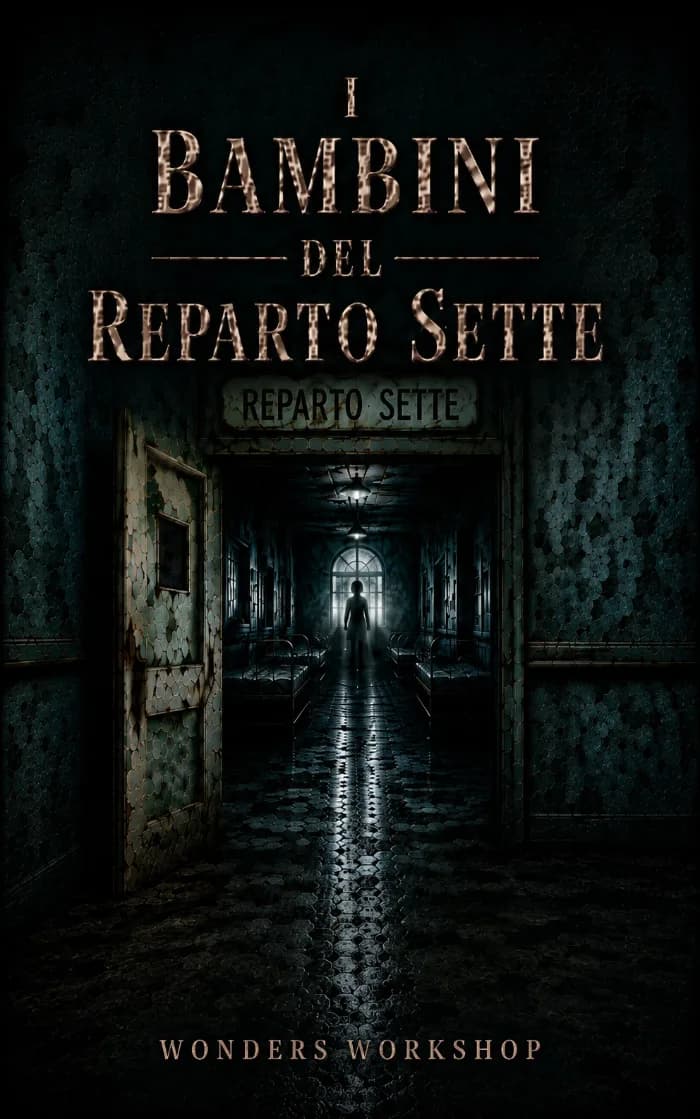 Una copertina dark gothic psychological thriller raffigurante un corridoio di un vecchio reparto pediatrico abbandonato, con porte chiuse, vetri di osservazione e una luce fredda e inquietante. L'atmosfera deve evocare bambini scomparsi, archivi clinici segreti, memorie manipolate, identità cancella