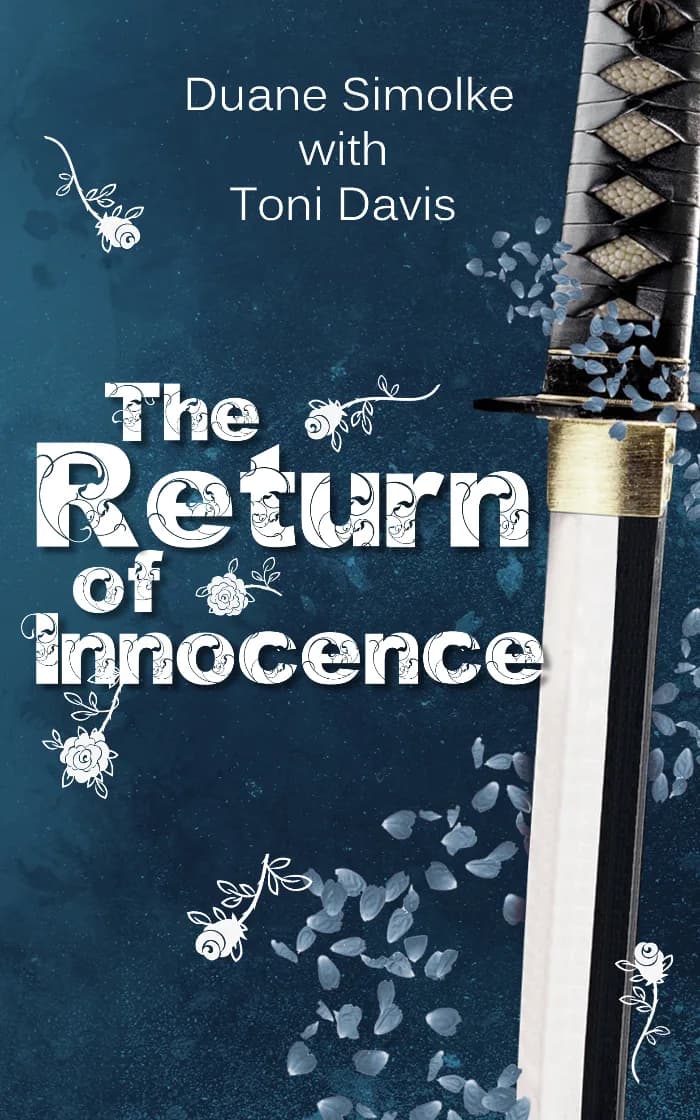 A sword and white roses, with white rose petals swirling around. The Return of Innocence, By Duane Simolke with Toni Davis.
