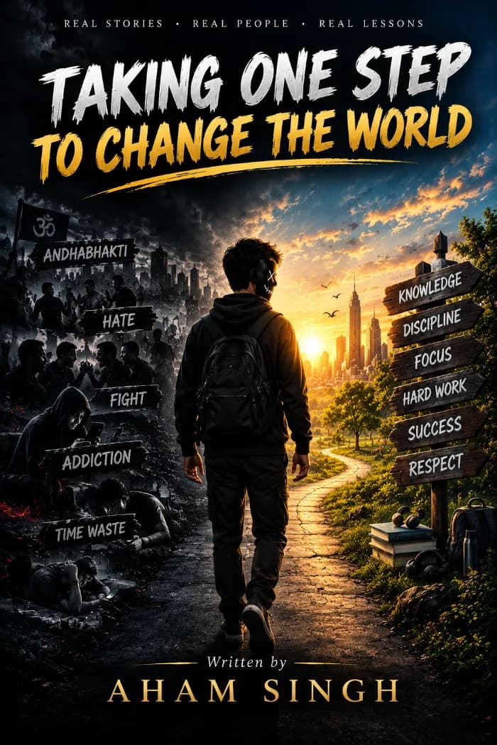 "A book cover titled 'Taking One Step to Change the World' by Aham Singh. It shows a boy with a backpack walking on a path towards a sunlit city skyline, with signposts on both sides representing life choices like knowledge, discipline, hate, and addiction."