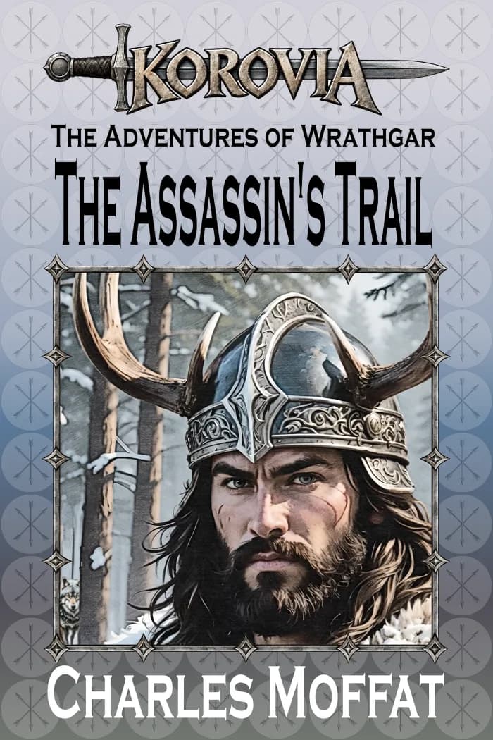 Portrait of Wrathgar while a wolf in the background watches him in a snowy wilderness.
