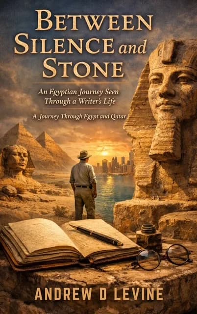 The cover of Between Silence and Stone captures the sense of wonder, history, and personal reflection at the heart of Andrew D. Levine’s journey through Egypt and Qatar. The Great Sphinx and pyramids dominate a warm, golden landscape, while a solitary traveler looks toward the meeting point of the a