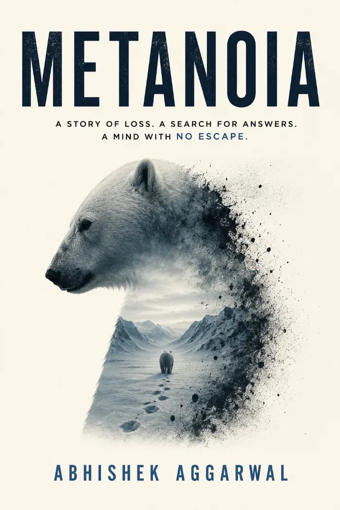 book cover with polar bear, book tile Metanoia and author Abhishek Aggarwal