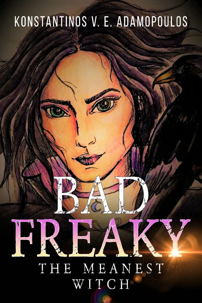 A dark fantasy book cover featuring a close-up portrait of a mysterious, beautiful witch with striking eyes and dark hair. The title “BADFREAKY – THE MEANEST WITCH” appears prominently in gold lettering against a dark, magical background.