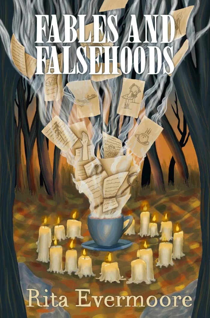 A teacup in the forest surrounded by candles with pages that have drawings and letters on them flying out in the steam.