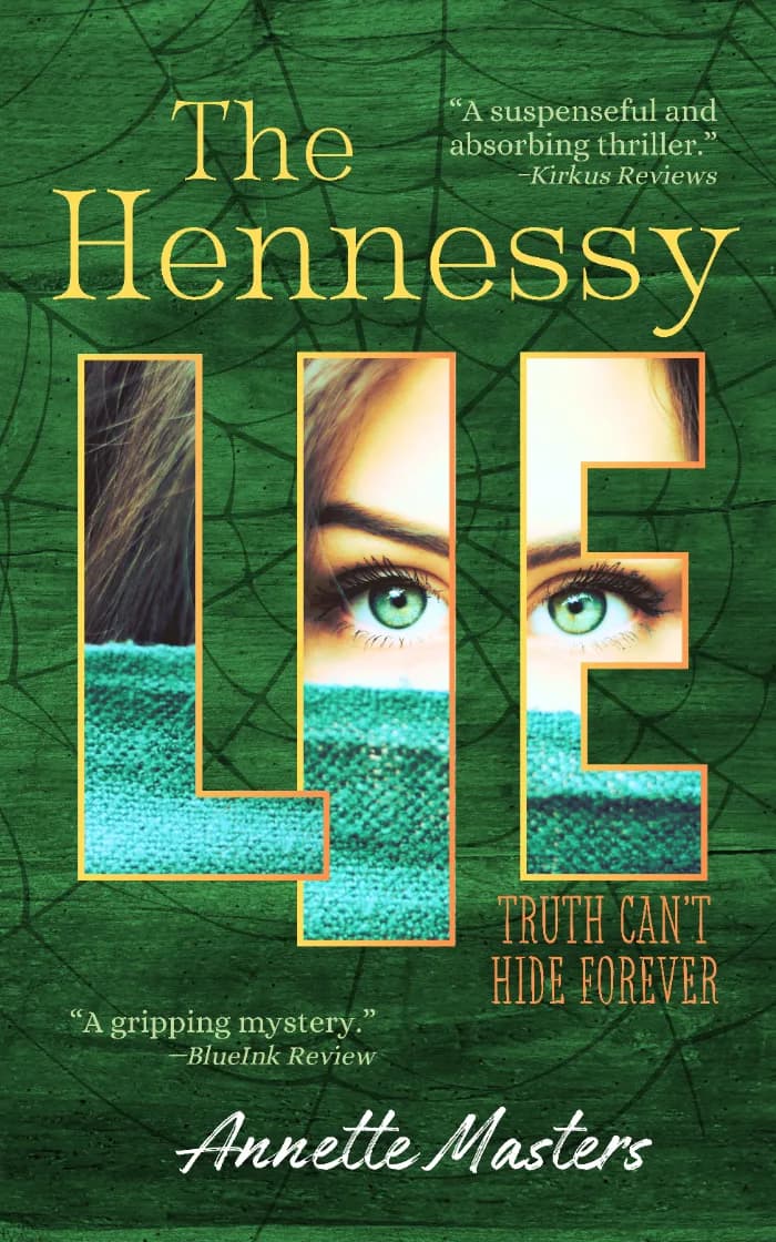 The word LIE spelled with a mysterious teen's face partially covered, only her green eyes peek through.