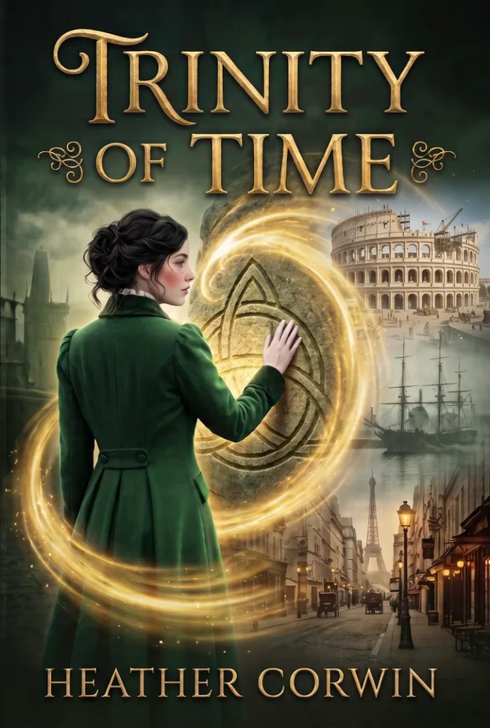 A dark-haired woman in a green Victorian-style coat touches an ancient stone marked with a mysterious symbol. Swirling golden magic surrounds her, with the Roman Colosseum, sailing ships, and Eiffel Tower in the background.