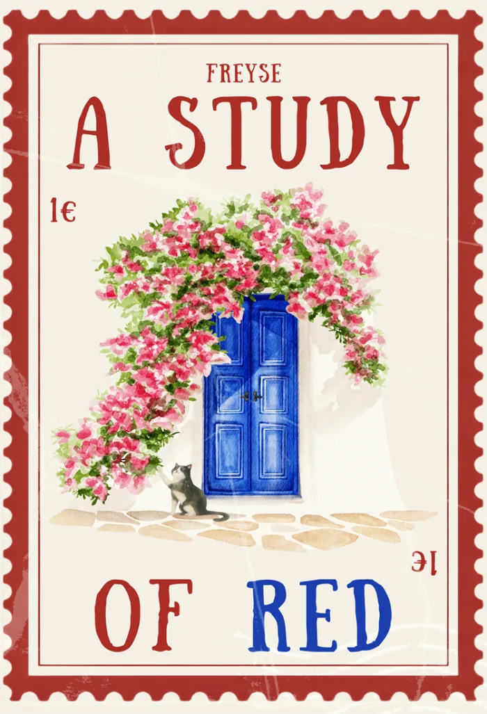 A cream-colored book cover designed like a vintage travel postcard, featuring a bright blue Greek door framed by red bougainvillea, with small illustrated details including a cat and postage-stamp elements. The title A Study of Red appears in red serif lettering.