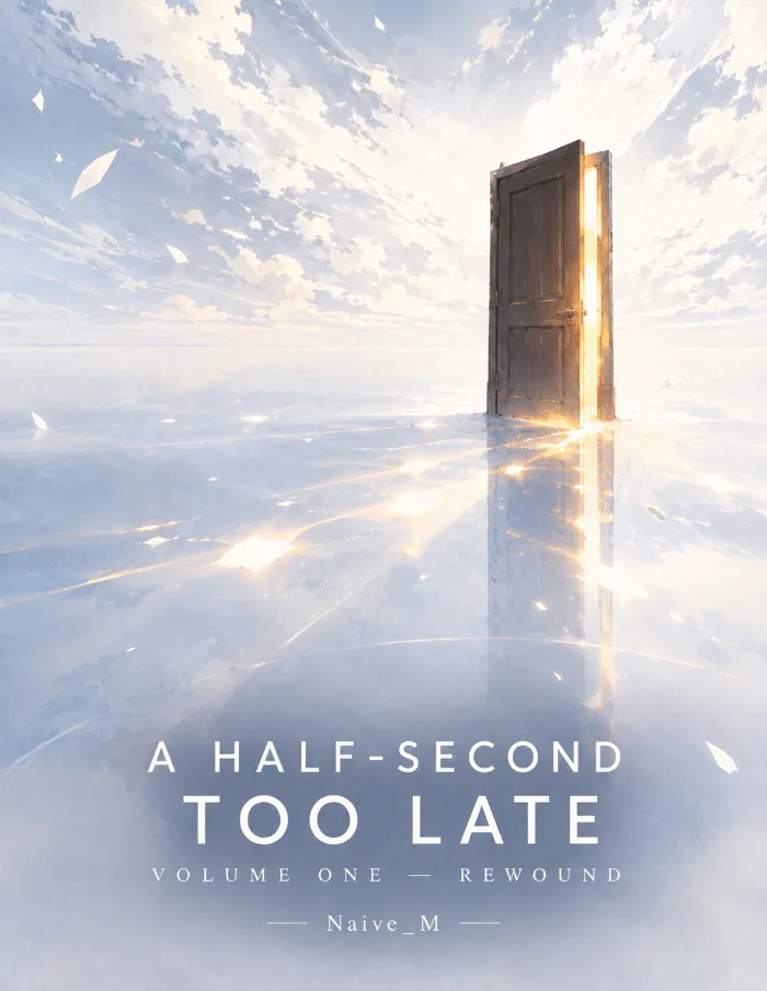 A solitary, weathered wooden door stands slightly open in an endless pale blue-white space, allowing warm golden light to spill through and reflect across a glossy, icy floor. White fragments drift through the air, creating a dreamlike atmosphere of mystery, regret, and a second chance. The title, A