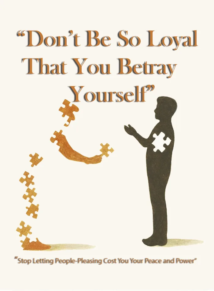 The cover of Don't Be So Loyal That You Betray Yourself represents the painful process of losing pieces of myself while trying to meet the expectations and needs of others. The human silhouette with a missing puzzle piece symbolizes the parts of ourselves we can neglect or surrender.