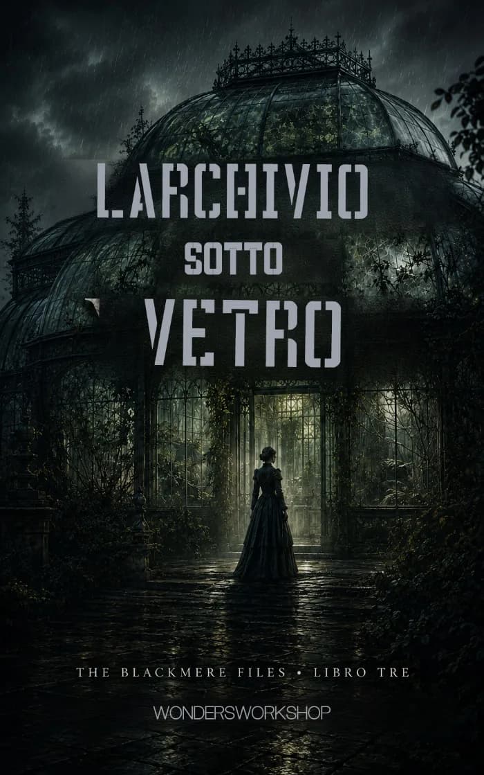Una copertina dark gothic psychological thriller raffigurante una vecchia serra abbandonata che nasconde un archivio segreto sotto vetro, con lettere, fotografie, registrazioni e oggetti d’infanzia visibili attraverso superfici incrinate. L’atmosfera deve essere cupa, inquietante ed emotiva,