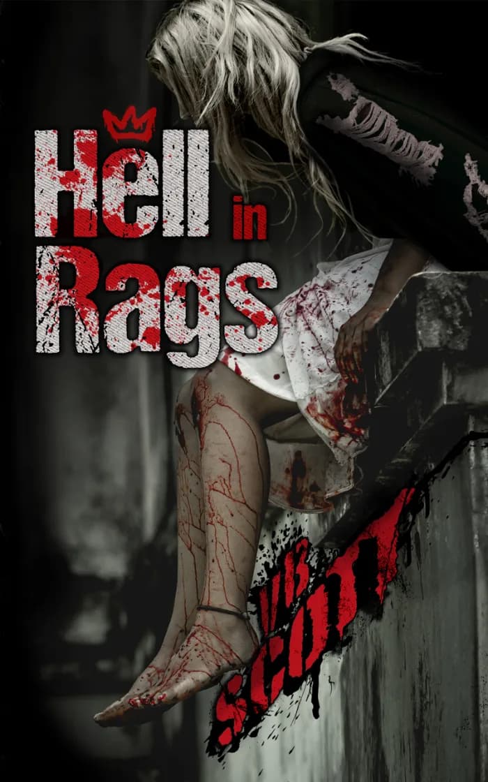 a bloody, homeless woman sitting on concrete in rags