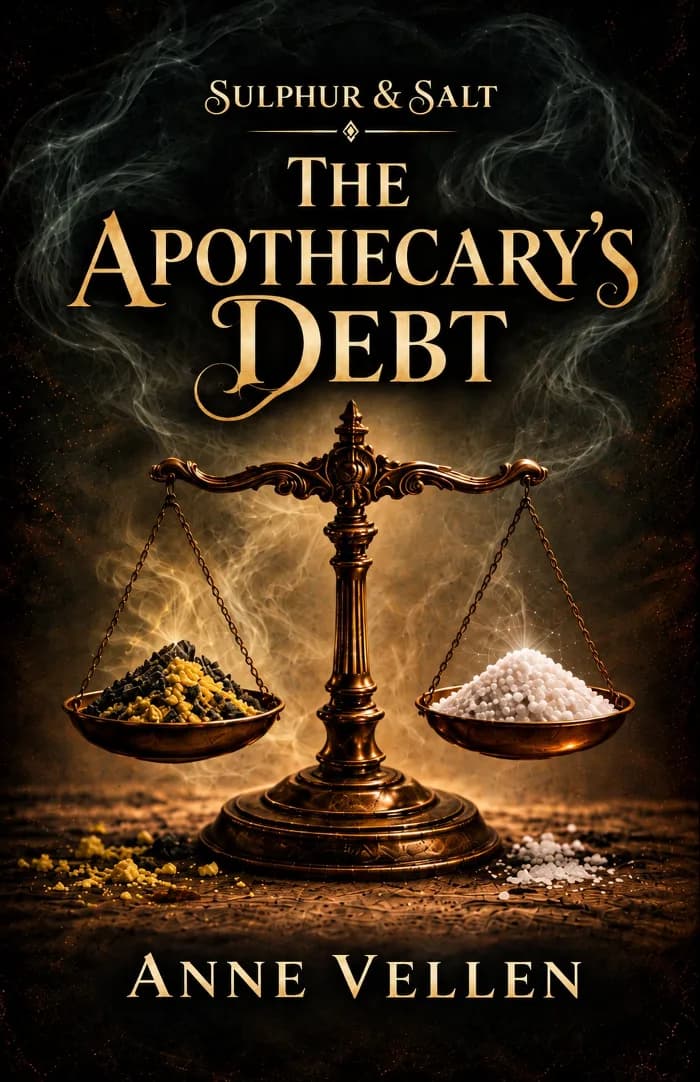 A dark, atmospheric fantasy book cover featuring an ornate antique brass balance scale. One pan holds yellow sulphur, the other white salt. Golden light and curling smoke illuminate the scales against a black background. Elegant gold lettering reads “The Apothecary’s Debt” by Anne Vellen.