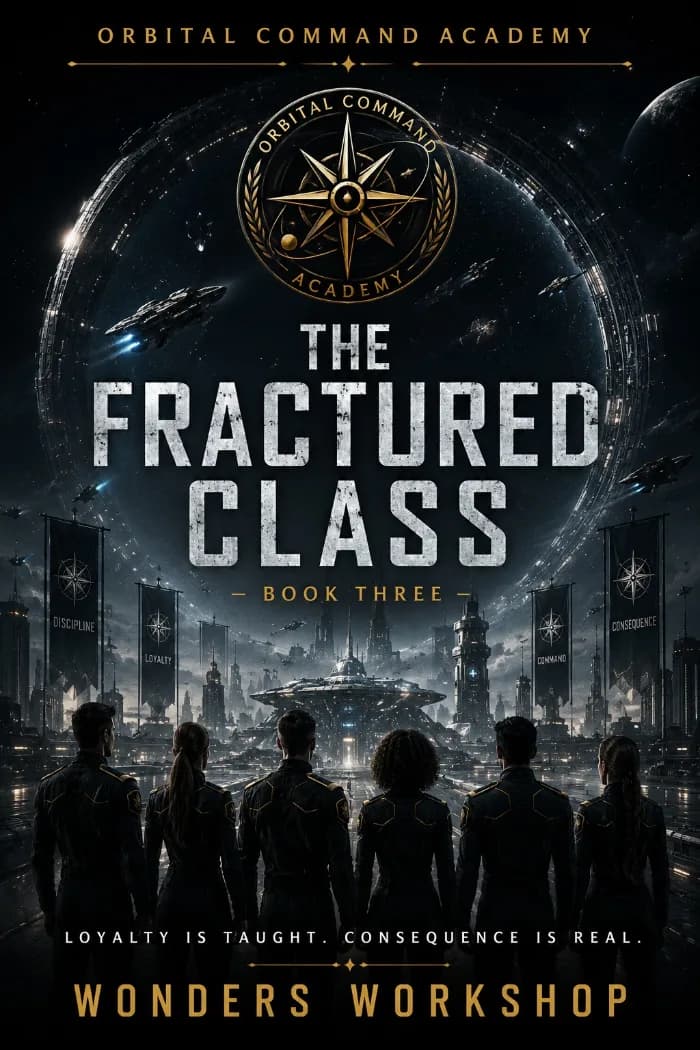 A cinematic military science fiction cover featuring a futuristic orbital academy and a divided group of cadets against the darkness of space. Dramatic blue and black tones create a tense atmosphere of military training, command conflict, political intrigue, and imperial power.