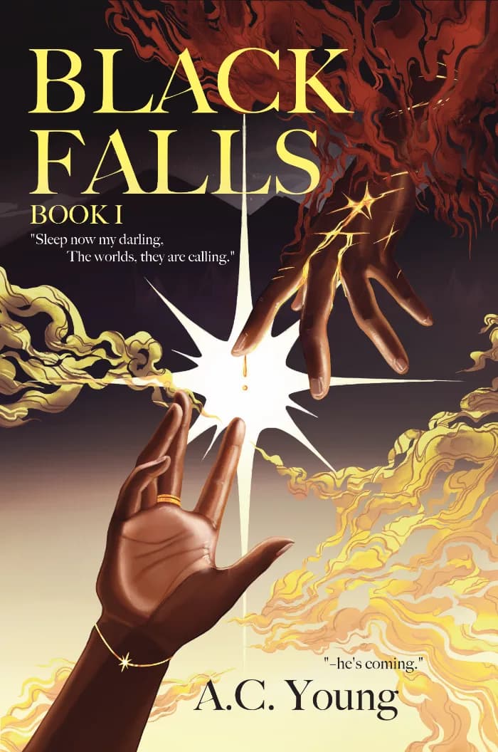 Two hands reaching out for one another with flames around each hand. Where their fingers almost touch, a drop of gold is falling and white light is behind them. The main colors are red, gold, and black.