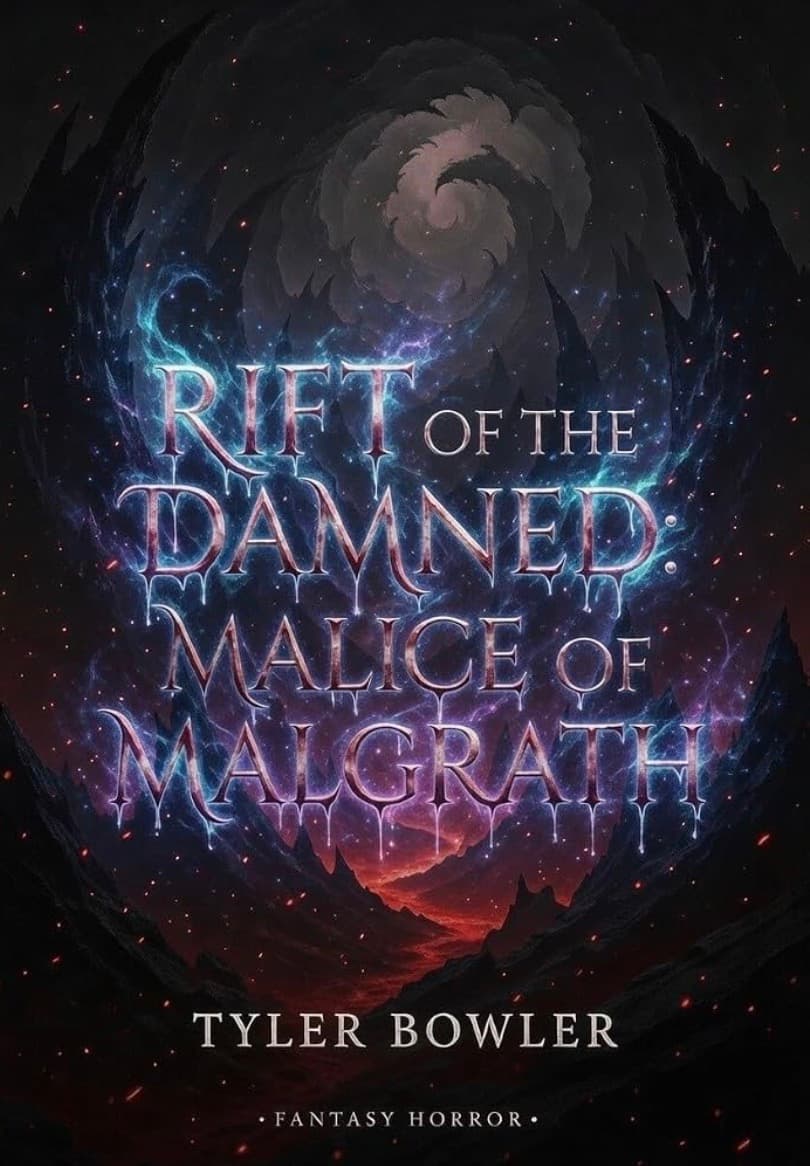 Dark fantasy horror cover featuring a glowing title in a melting font shifting from frost blue to deep violet. The text sits inside a cosmic rift between a swirling overhead storm vortex and a hellish landscape with a glowing red lava fissure below.