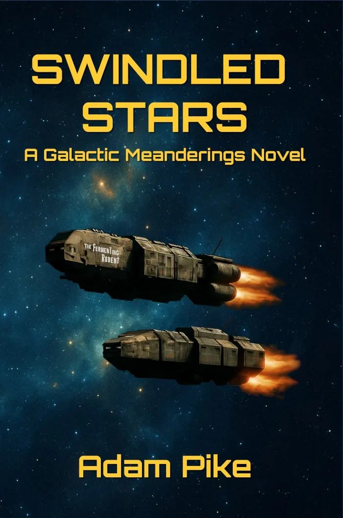 Two industrial looking space ships, engines blazing, flying across a starry background.