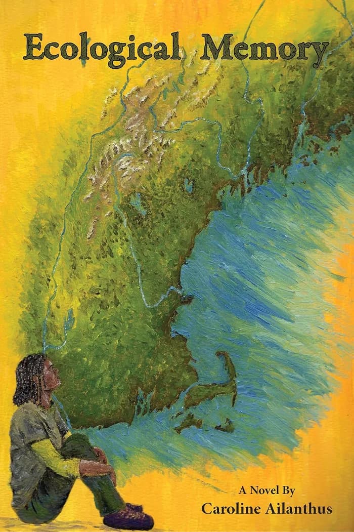 A painted map of New England in green without any political boundaries. The edges of the map image are streaky and uneven, suggesting a mural on a yellow wall. In the lower left, in front on the mural, sits a young, Black woman dressed like a hiker. She stairs wistfully up to the right top corner.