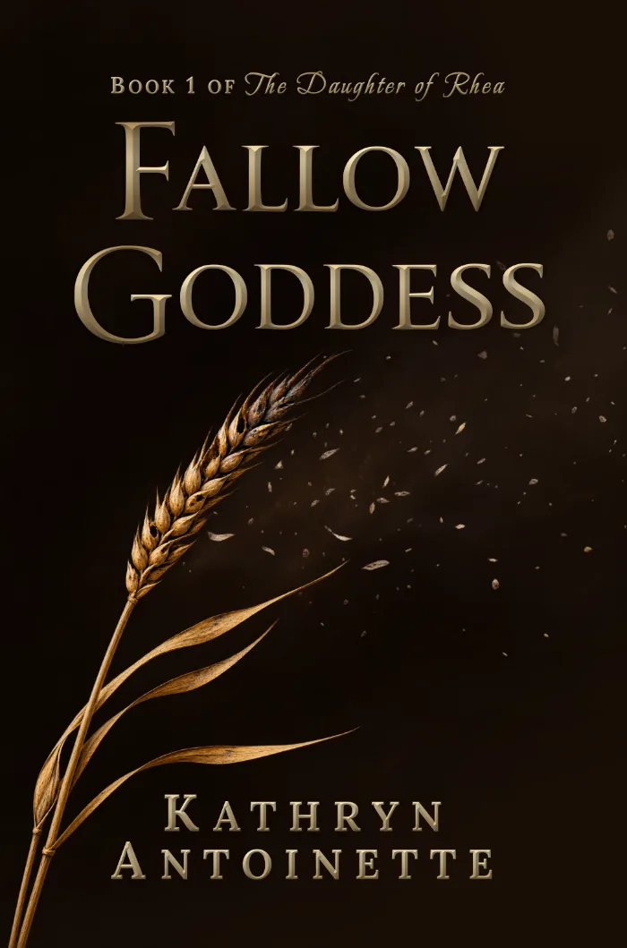 Cover of Fallow Goddess, Book 1 of The Daughter of Rhea, by Kathryn Antoinette. Against a dark brown-black background, a golden wheat stalk curves upward, its head blackening and breaking apart into chaff carried to the right. The title appears above in large gold serif lettering.