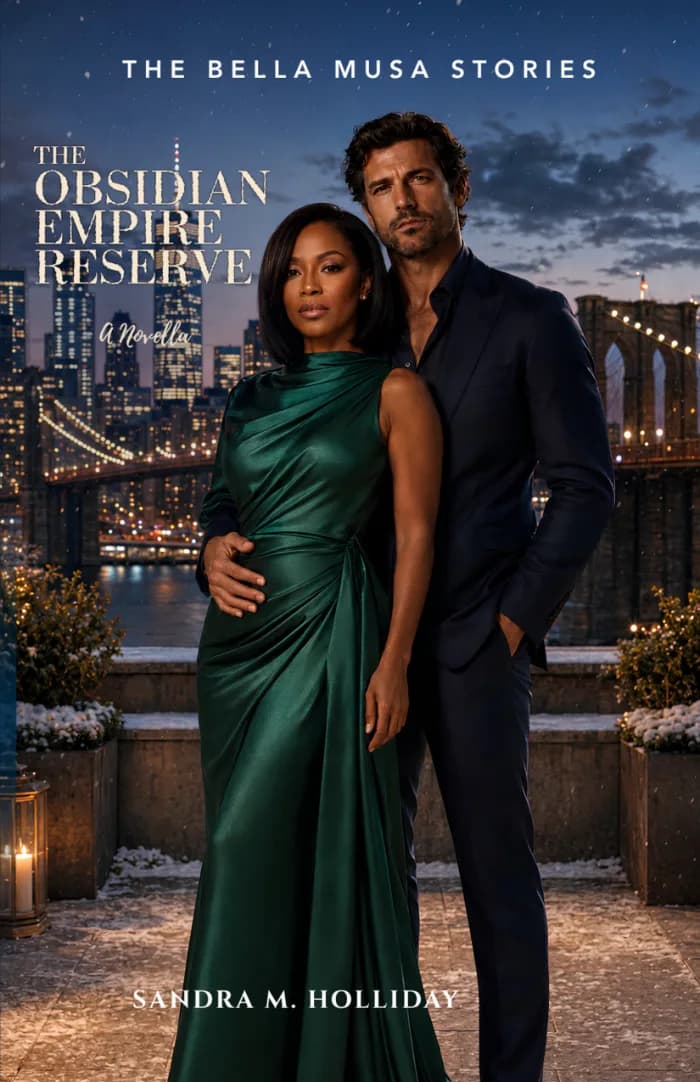 An elegant Black woman in an emerald gown stands beside an Italian man in a dark suit against a nighttime city skyline and illuminated bridge. Deep emerald, black, and gold tones convey romance, power, ambition, and luxury.