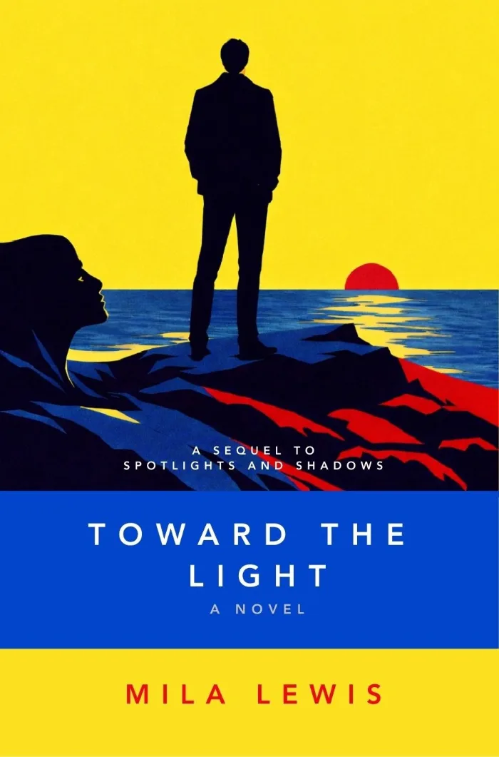 Bold graphic design in yellow, blue, red, and black, featuring a silhouetted man standing alone on a rocky shore overlooking the ocean and a red setting sun. A woman’s shadowed profile appears in the foreground. The title appears in white on a blue band, with the author’s name in red below.