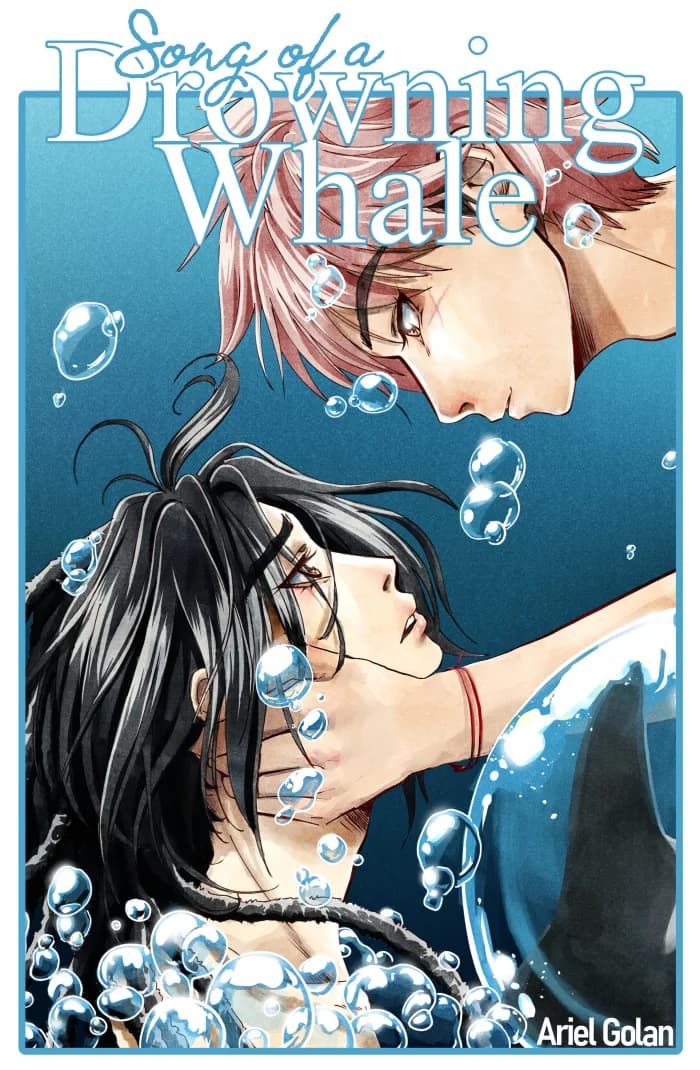 Two young men under water, one diving down and cupping the cheeks of the one seemingly trying to come up for air.